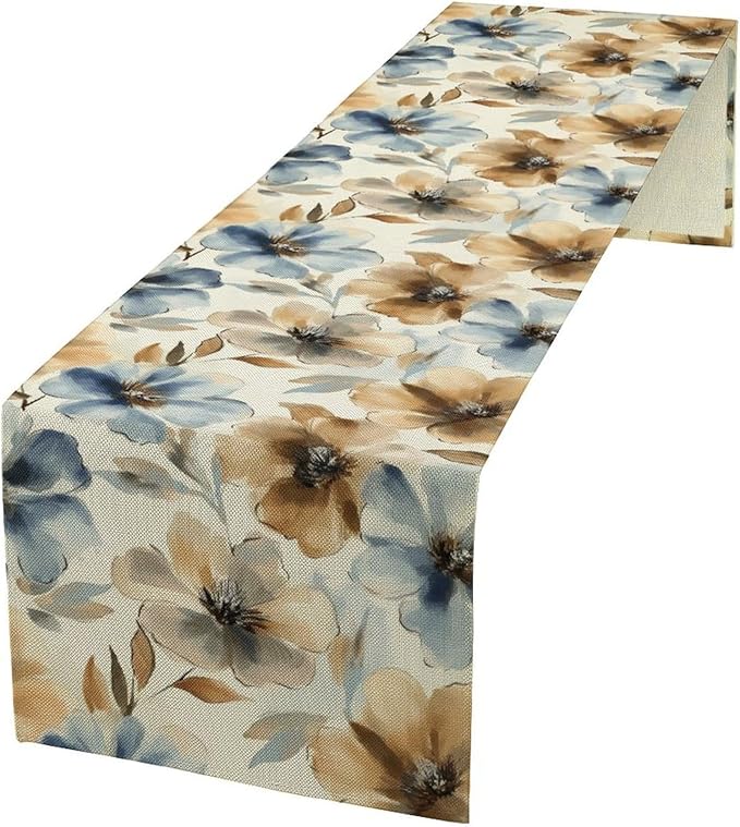 Poppy Floral Table Runner, Watercolor Brown Blue Flowers Blossom Summer Nature by Unknown