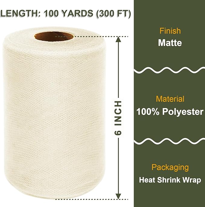 Ivory Tulle Fabric Roll 6 Inch X 300 FT Matte Tulle Ribbon Netting Mesh Spool - Image 2