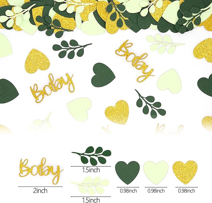 200PC Sage Green Baby Shower Confetti Green Gold Glitter Heart Table Confetti - Image 4