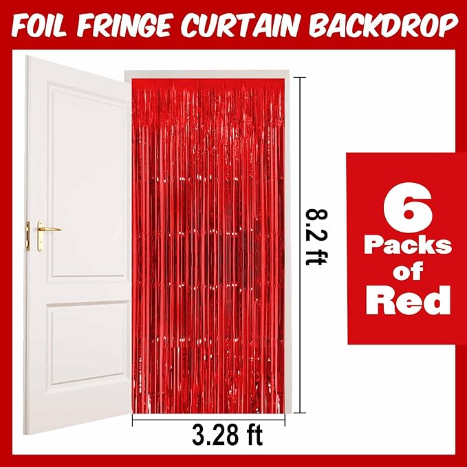 6 Pack Red Foil Fringe Curtains Backdrop, 3.28 x 8.2 Ft Metallic Streamers - Image 2