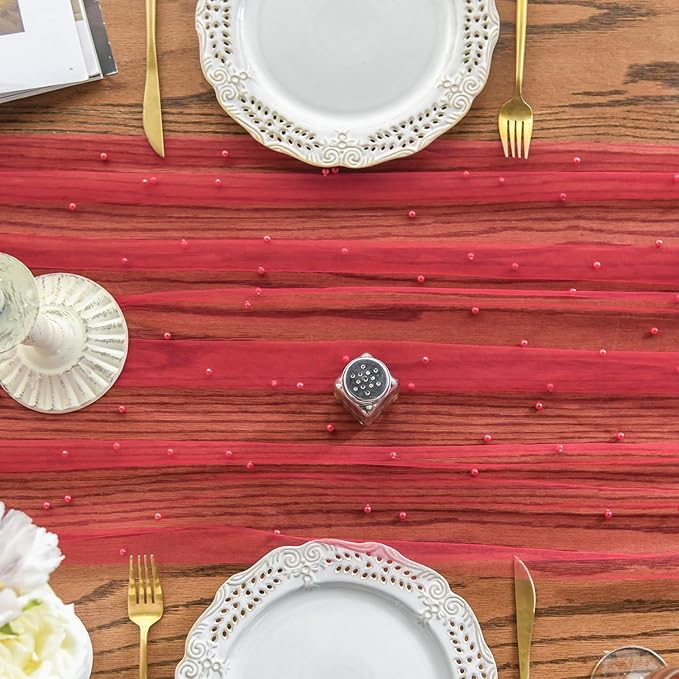 Artoid Mode Pearl Red Gauze Table Runner 120 Inch 10FT, Seasonal Sheer Dining - Image 2