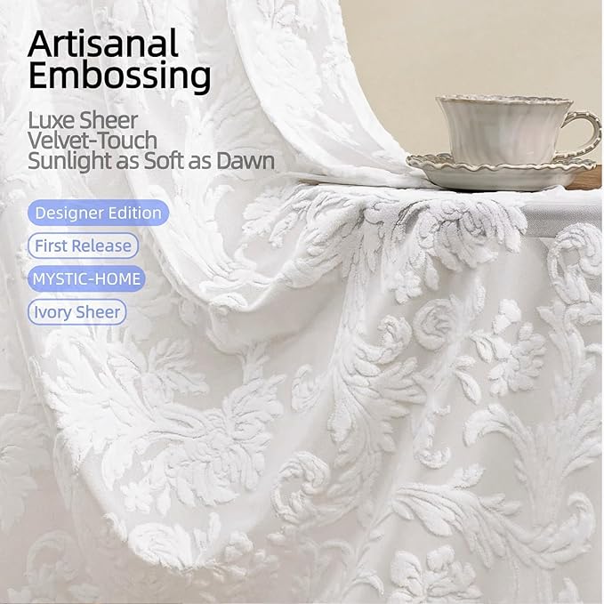 Sheer White Curtains for Bedroom Living Room Boho 63 Inches Rod Pocket - Image 2