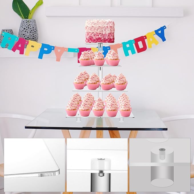 Jusalpha Large 4 Tier Cupcake Stand Square Acrylic Cupcake Tower Stand - Image 6