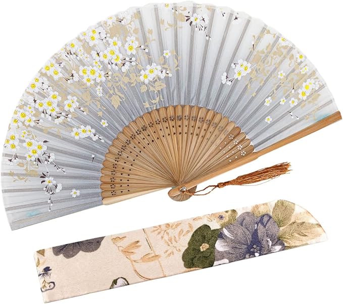 Amajiji 8.27" Hand Held Bamboo Silk Folding Fan Hand Fan, Chinese/Japanese by Amajiji