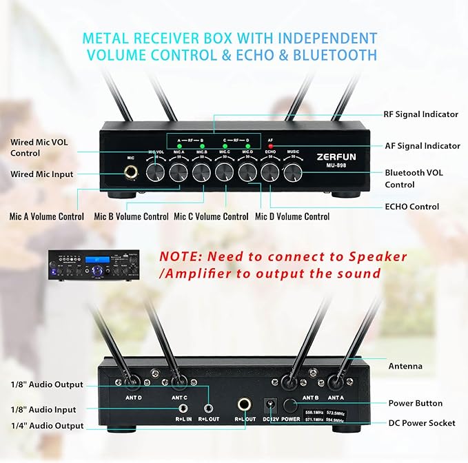 4 Channel Rechargeable Wireless Microphone System, Pro UHF Metal Handheld - Image 2