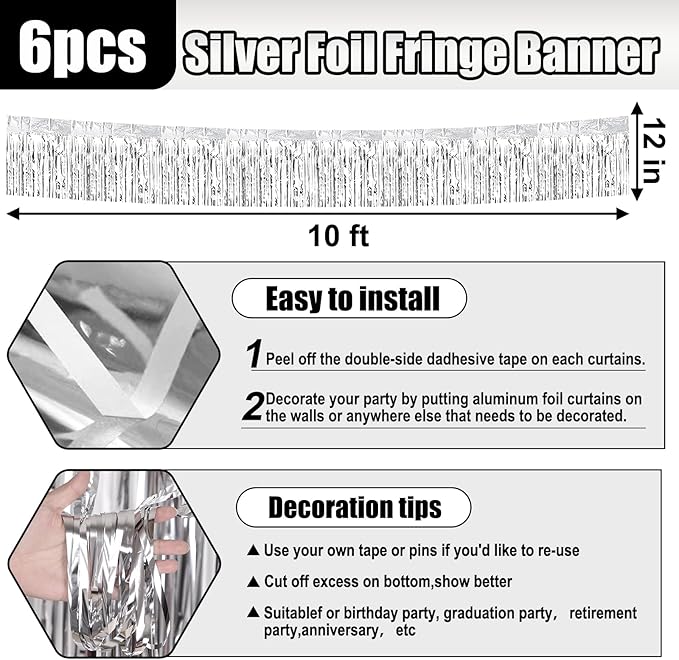 6 Pack 10 Feet Silver Foil Fringe Garland Metallic Tinsel Streamers Banner Wall - Image 2