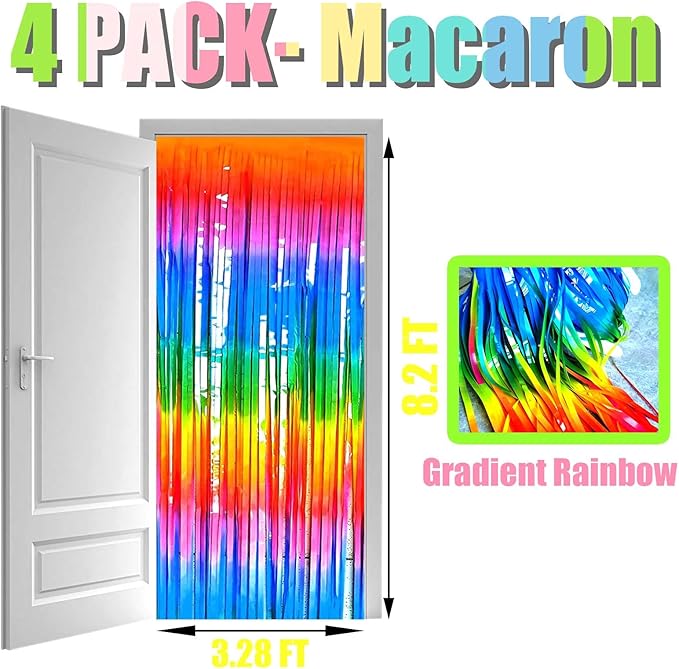 4 Pack Macaron Dark Rainbow Foil Fringe Curtain Backdrop, 3.28Ft x 8.2Ft - Image 2