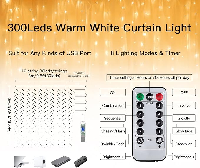 Ollny Christmas Curtain Lights 300 LED 9.8 FTx9.8 FT, Outdoor Waterproof - Image 8