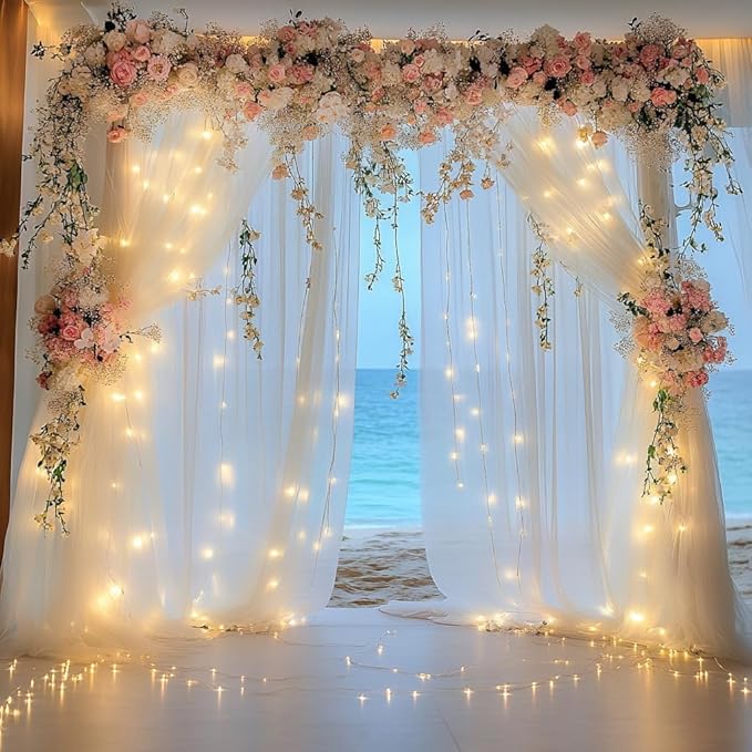 Tulle Backdrop Curtain with Lights String 30 X 8FT Ivory Sheer Tulle Backdrop - Image 7