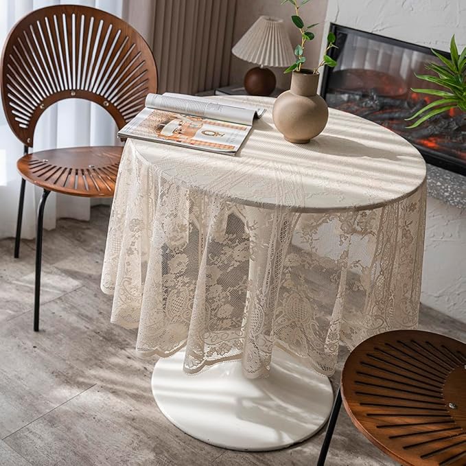 Vintage 60 inch Beige Lace Tablecloth Floral Embroidered Boho Shabby Chic Small by JAIJY