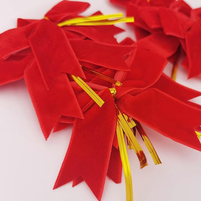 30pcs 3-1/2" Christmas Red Velvet Twist Tie Bows - Image 5