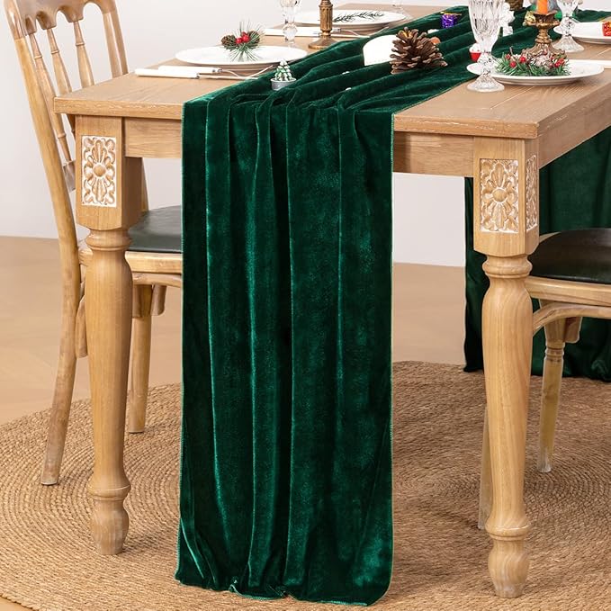 MLMC Emerald Green Velvet Table Runner 10ft Luxury Dark Green Velvet Fall Table - Image 2