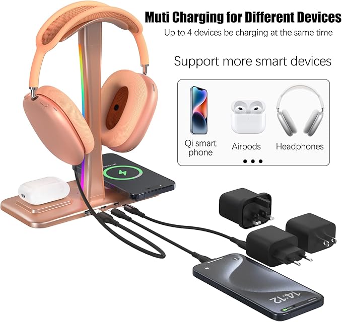 Headphone Stand with Wireless Charger, Gaming HeadsetStand with RGB Light Mode - Image 4