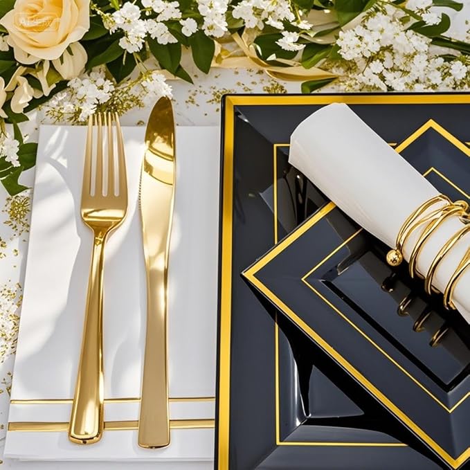 Festiva 350Pcs Black and Gold Plastic Plates-50Guests Disposable Square Black - Image 4