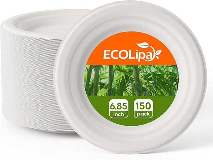 ECOLipak 6.85 Inch Compostable Dessert Paper Plates, 150 Pack Disposable by ECOLipak