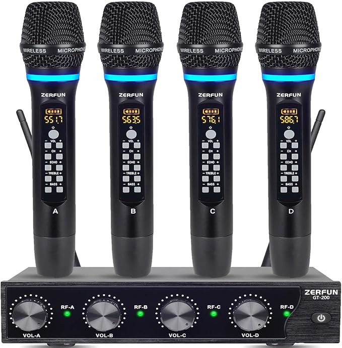 4 Channel Rechargeable Wireless Microphone System, Pro UHF Metal Handheld by ZERFUN