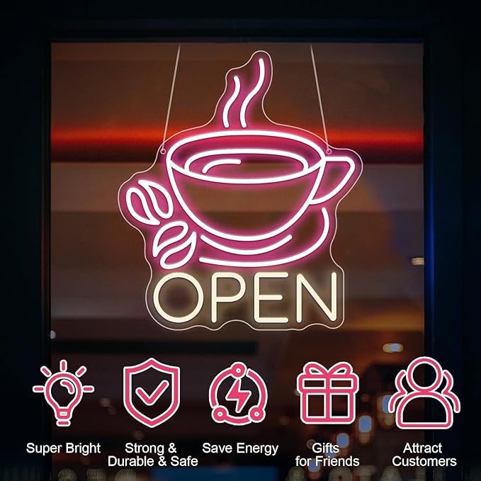 Coffee Cup Open Led Neon Sign For Business Wall Decor, Usb Powered Neon Coffee - Image 3
