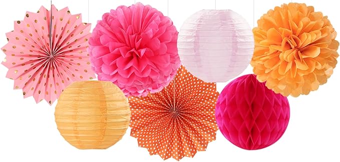 Hot-Pink Burnt-Orange Party-Decorations Streamers Lanterns - Image 4