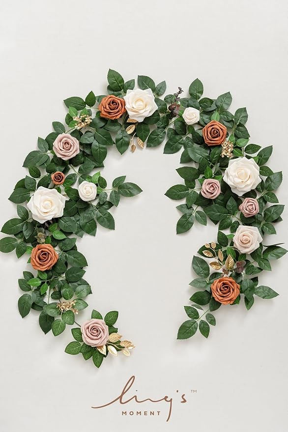 Ling's moment 5FT Artificial Flower Garland Rust Rose Leaves Floral Garland - Image 6
