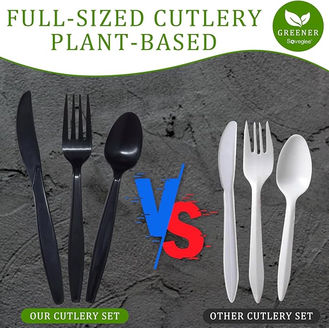Black Compostable Silverware, Plastic 120 Forks 120 Spoons 60 Knives, Non - Image 3