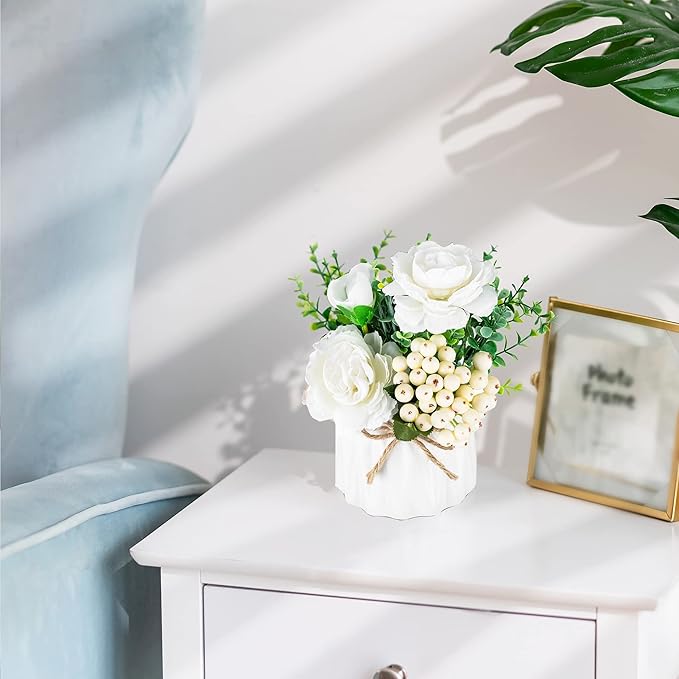 BLOSMON Table Decor Artificial Flowers Vase 7 Inch Small Fake Flower White - Image 7