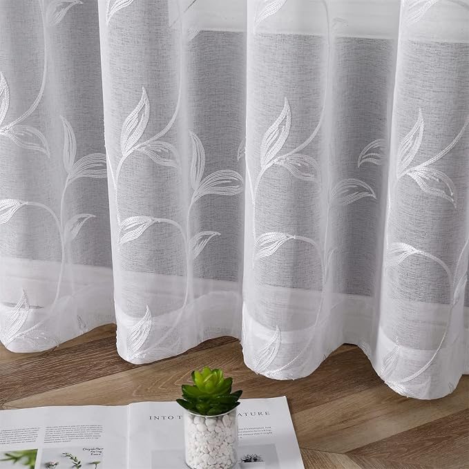 VISIONTEX White Sheer Voile Curtains, Decorative White Embroidery Faux Linen - Image 6