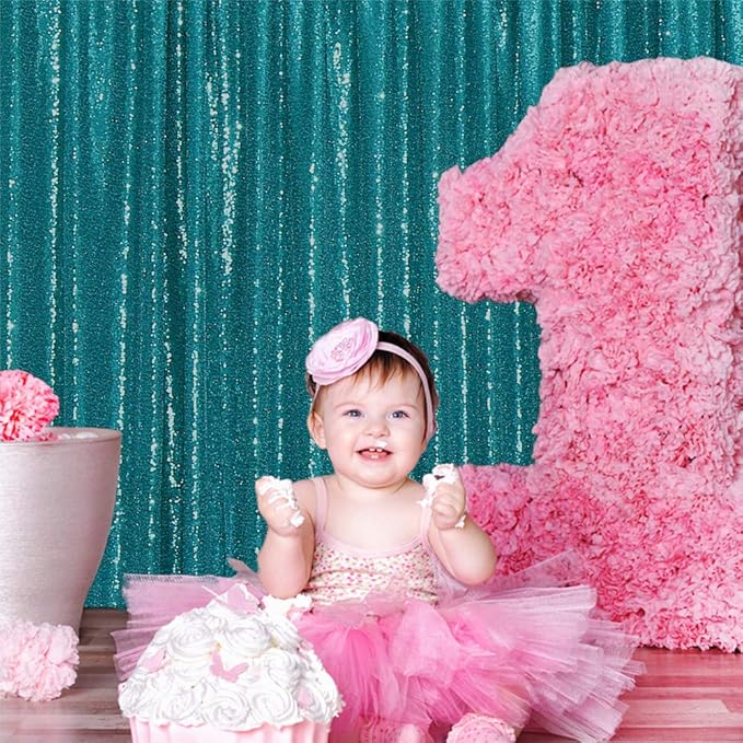 Eternal Beauty Teal Sequin Backdrop, 6x8 Ft Glitter Background Curtains - Image 4