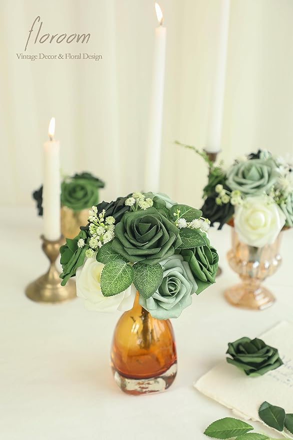 Floroom Artificial Flowers 25pcs Real Looking Forest Green Ombre Colors Foam - Image 4