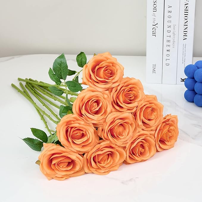 Artificial Rose 10pcs Orange Open Flower Bouquet Faux Rose Stems - Image 3