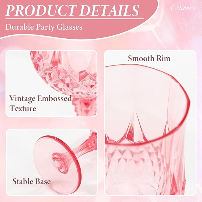 Pink Plastic Wine Glasses 7oz – 12 Pcs Unbreakable Pink Plastic Goblets - Image 3
