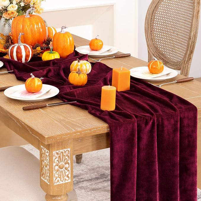 Burgundy Velvet Table Runner Fall Thanksgiving Red Table Runner 20 x 120 Inch - Image 5