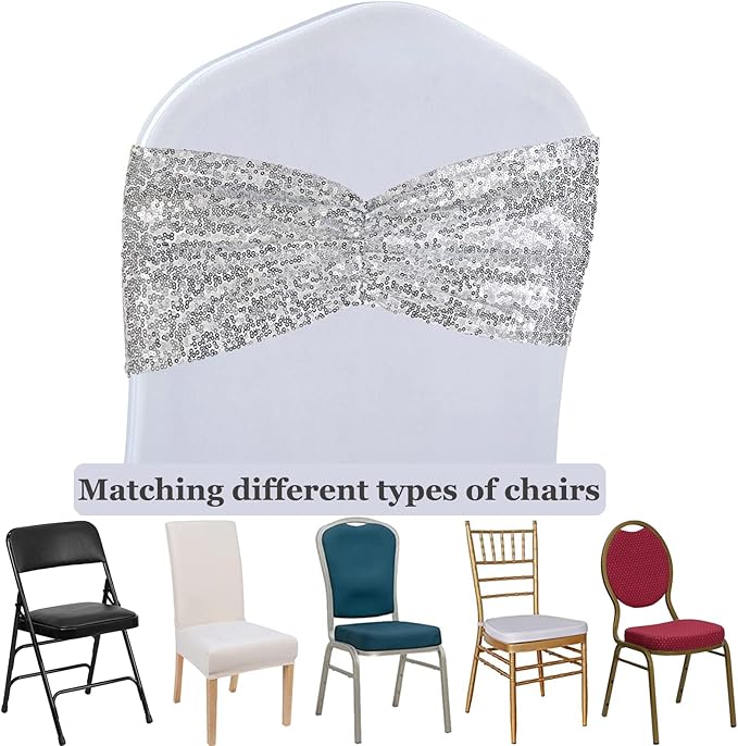 SquarePie Pack of 100 Chair Sashes Bows Sparkly Silver Sequin Chair Bands - Image 4