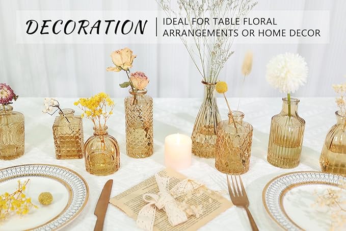 12pcs Glass Bud Vase Set, Small Gold Amber Flower Vases - Image 2
