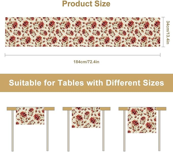Retro Rose Table Runner, Romantic Love Elegant Plant Red Golden Flower Print - Image 2