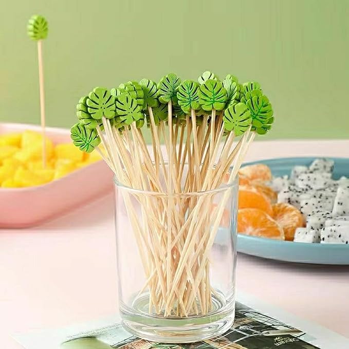 120 Pcs Monstera Leaf Cocktail Picks 4.7" Drinks Fruits Hawaiian Party Food - Image 6