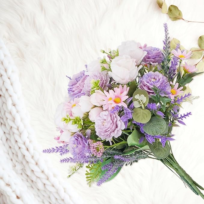 Fake Flowers Purple Artificial Silk Flower Bouquet Faux Flowers - Image 7