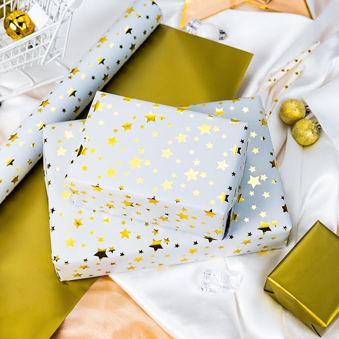 Burymento Gold Foil Five-Pointed Star Wrapping Paper, Reversible Gold Gift Wrap - Image 2