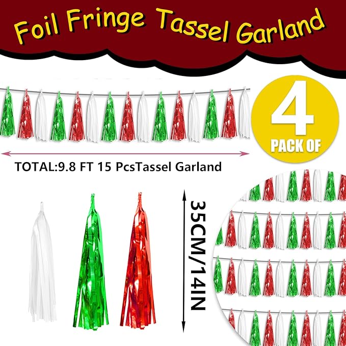 4P Red Green White Foil Fringe Metallic Tassel Streamers Banner Tassel Garland - Image 2