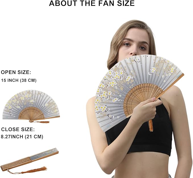 Amajiji 8.27" Hand Held Bamboo Silk Folding Fan Hand Fan, Chinese/Japanese - Image 2