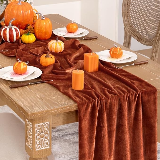 Terracotta Velvet Table Runner 3 Pack Fall Thanksgiving Burnt Orange Table - Image 5