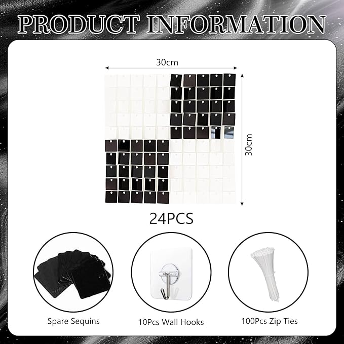 24PCS Black White Shimmer Wall Backdrop, Square Sequin Photo Backdrops Panel - Image 2