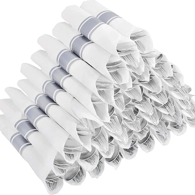50Guests Pre Rolled Silver Plastic Silverware Sets by Joyido