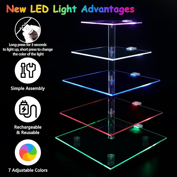 Cupcake Stand with Rechargeable Led, 5 Tier Clear Cupcake Holder, 7 Colors - Image 4