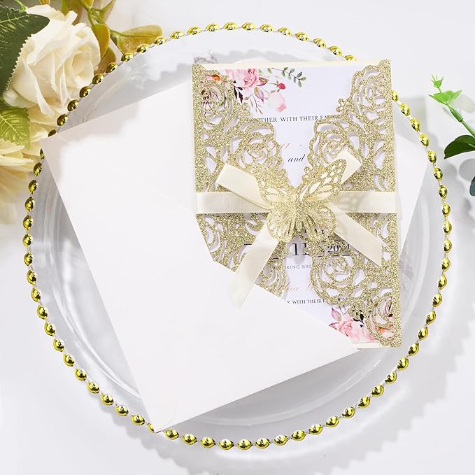 50PCS Gold Glitter Laser Cut Wedding Invitation - Image 4