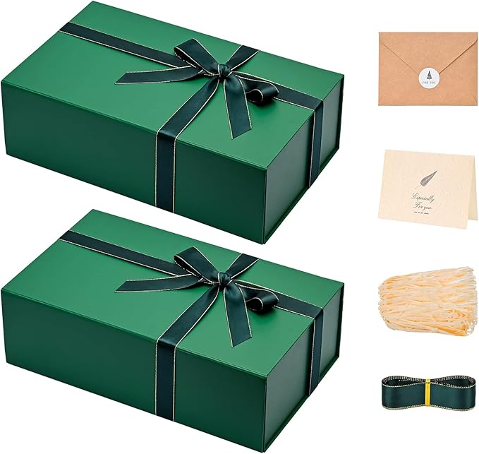 LIFELUM Gift Boxes with Lids 2 Pack 13.85 x 8.35 x 4.45 inch Green Christmas by LIFELUM