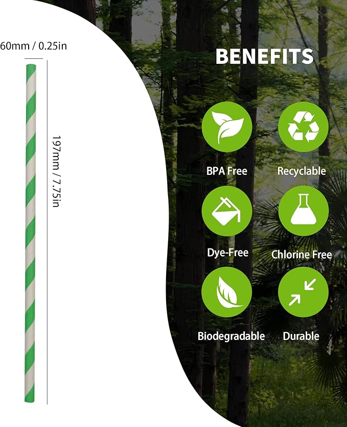 Environment Green White Paper Straws Bulk 100, Disposable Green Striped - Image 3