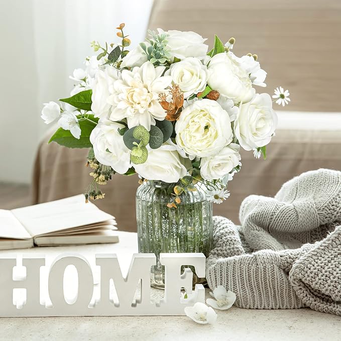 AmyHomie Ivory Artificial Flowers Combo Silk Mix Peony Rose Hydrangea Fake - Image 6