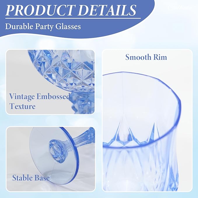 Blue Plastic Wine Glasses Set of 12 – 7oz Unbreakable Vintage Drinking Glasses - Image 3