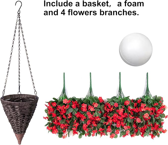 Artificial Fake Red Hanging Flowers Plants Basket - Image 3