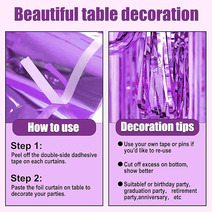 3 Pack 29 x108 Inch Light Purple Foil Fringe Table Skirts Metallic Banner - Image 3